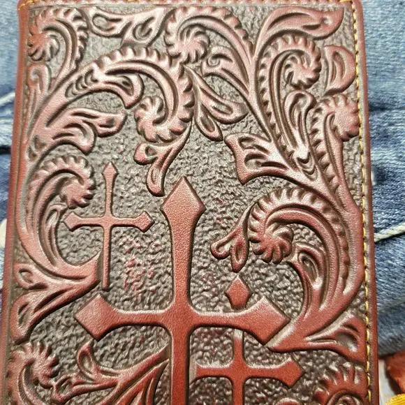 Cross Western Wallet Rodeo Cowboy Religious Real Leather bifold Brown Wa… - Picture 10 of 10